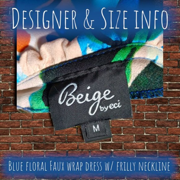 Blue Floral Faux Wrap Knee Length Dress w/Frilly Neckline - Picture 3 of 10